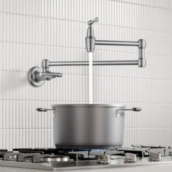 Wall Mount Pot Filler Kitchen Faucet with Retractable Arm in Spot-Free Stainless Steel