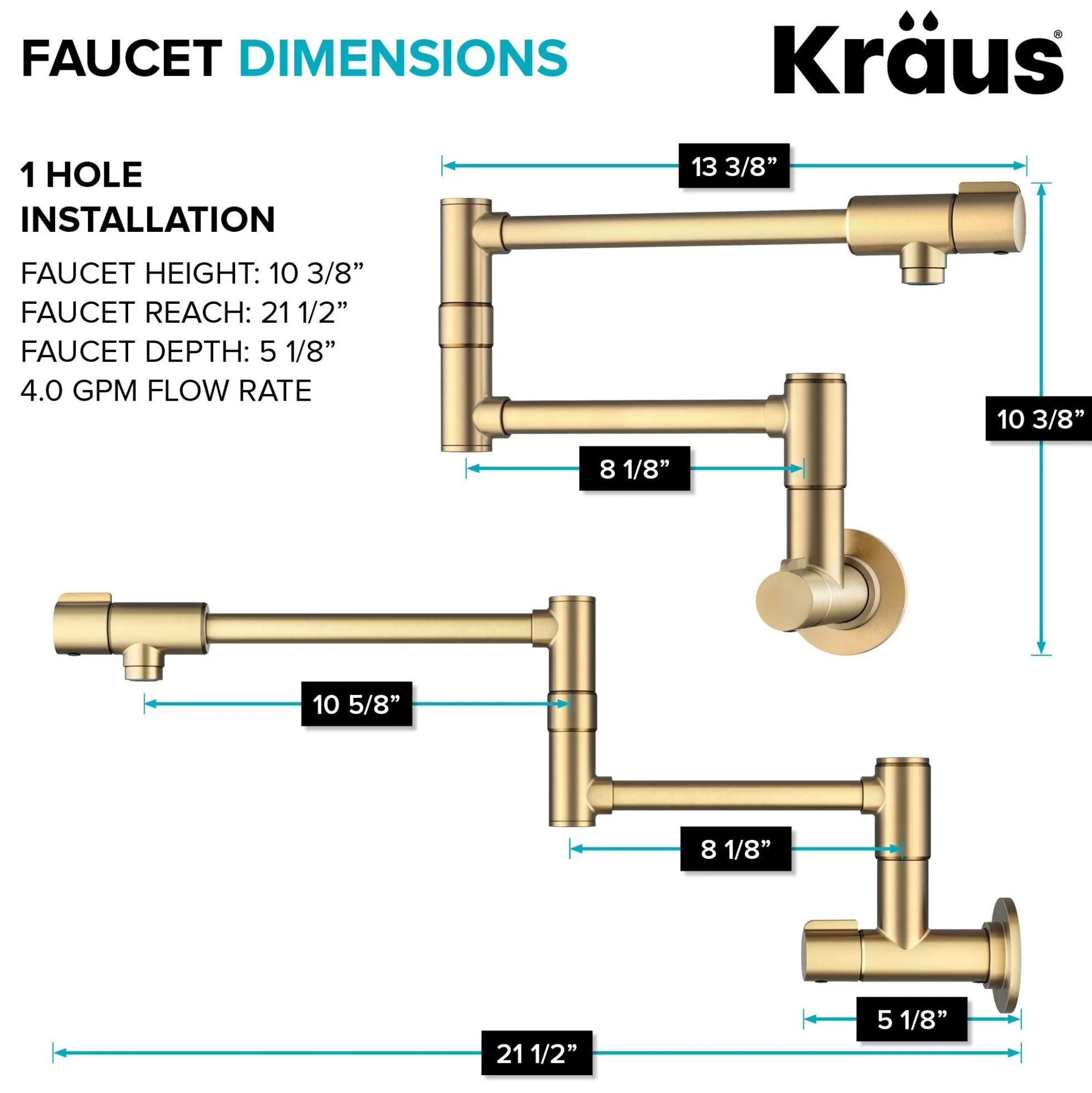 Wall Mount Pot Filler Kitchen Faucet with Retractable Arm in Spot-Free Brushed Brass