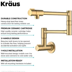Wall Mount Pot Filler Kitchen Faucet with Retractable Arm in Spot-Free Brushed Brass