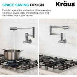 Wall Mount Pot Filler Kitchen Faucet with Retractable Arm in Spot-Free Brushed Brass