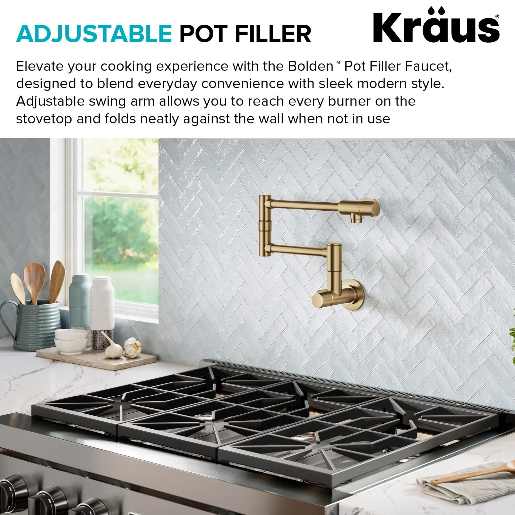 Wall Mount Pot Filler Kitchen Faucet with Retractable Arm in Spot-Free Brushed Brass