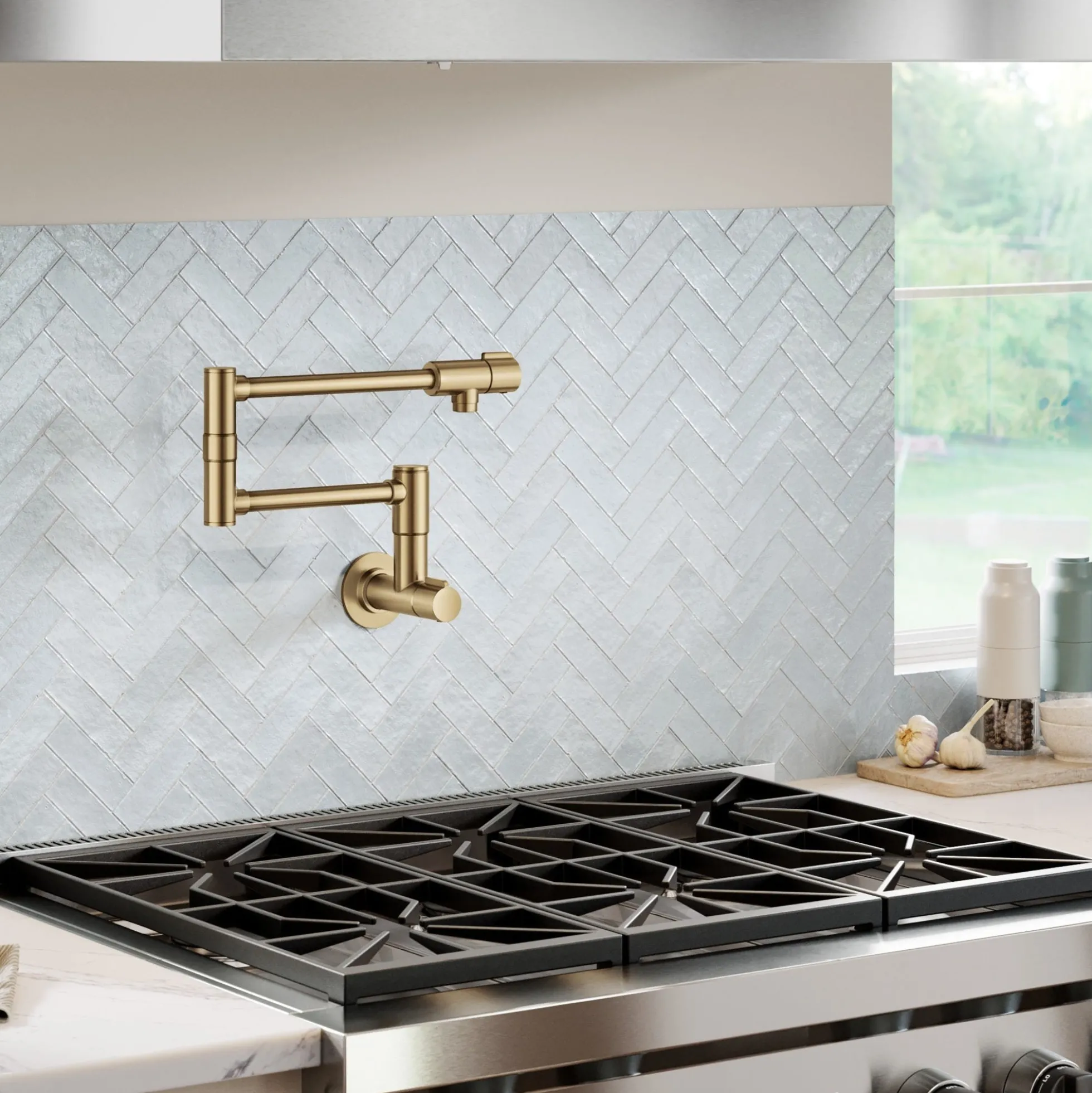 Wall Mount Pot Filler Kitchen Faucet with Retractable Arm in Spot-Free Brushed Brass
