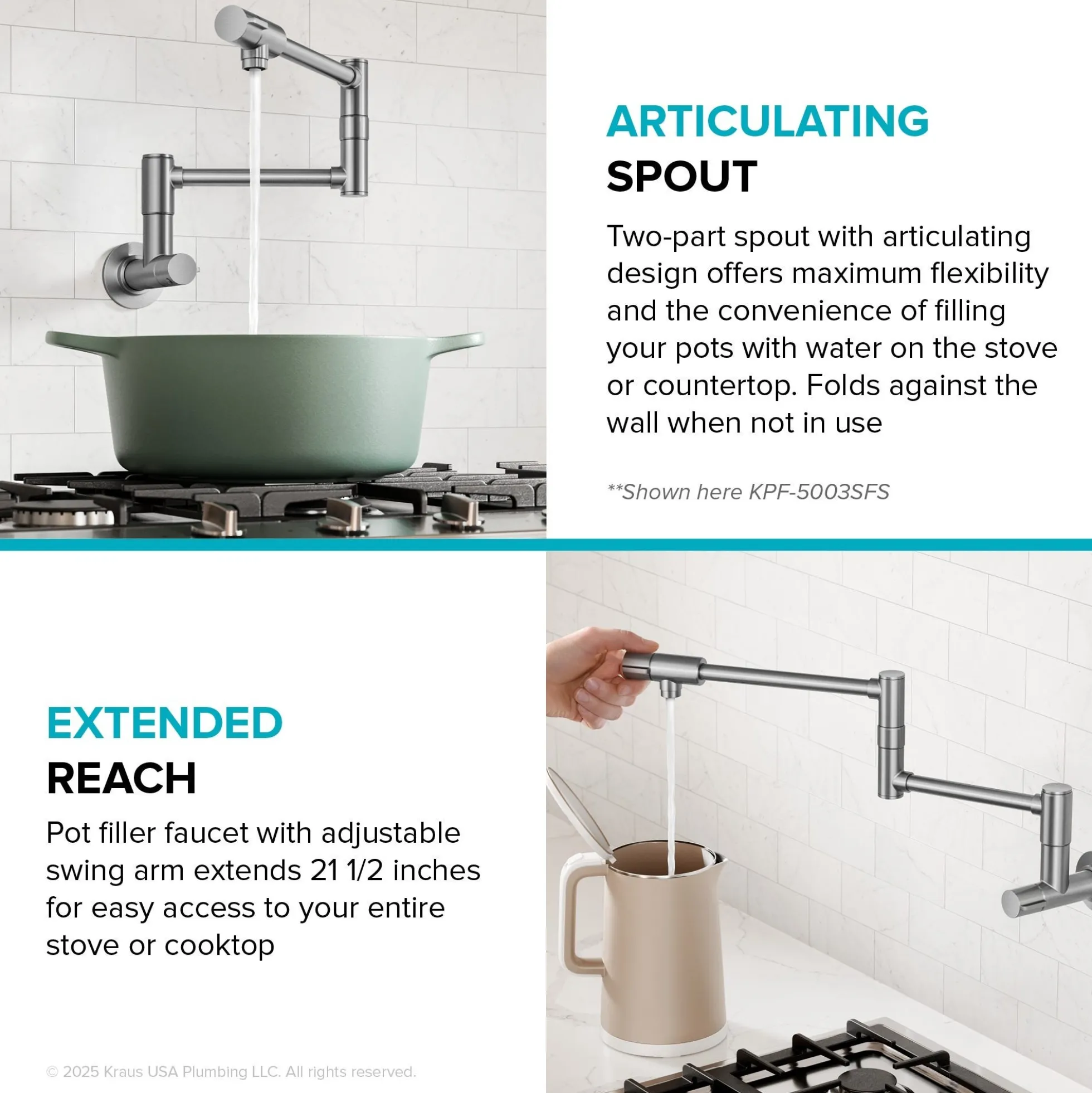 Wall Mount Pot Filler Kitchen Faucet with Retractable Arm in Spot-Free Brushed Brass