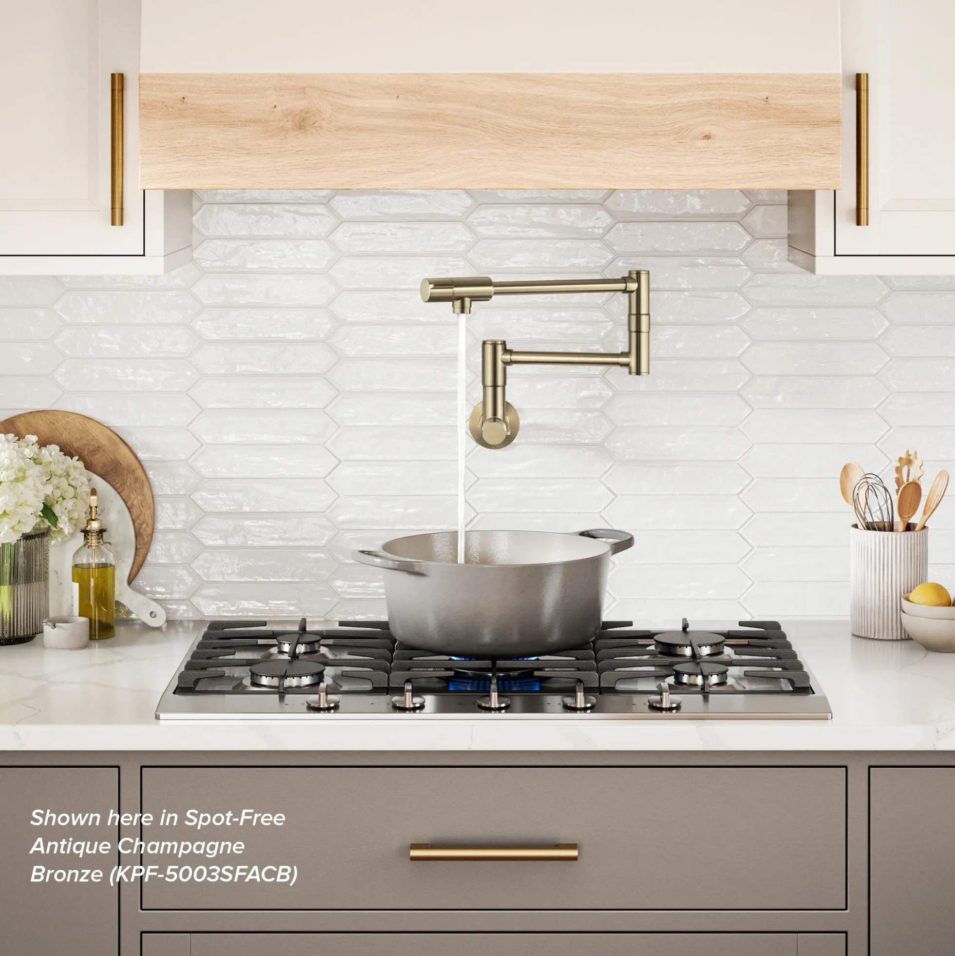 Wall Mount Pot Filler Kitchen Faucet with Retractable Arm in Spot-Free Brushed Brass