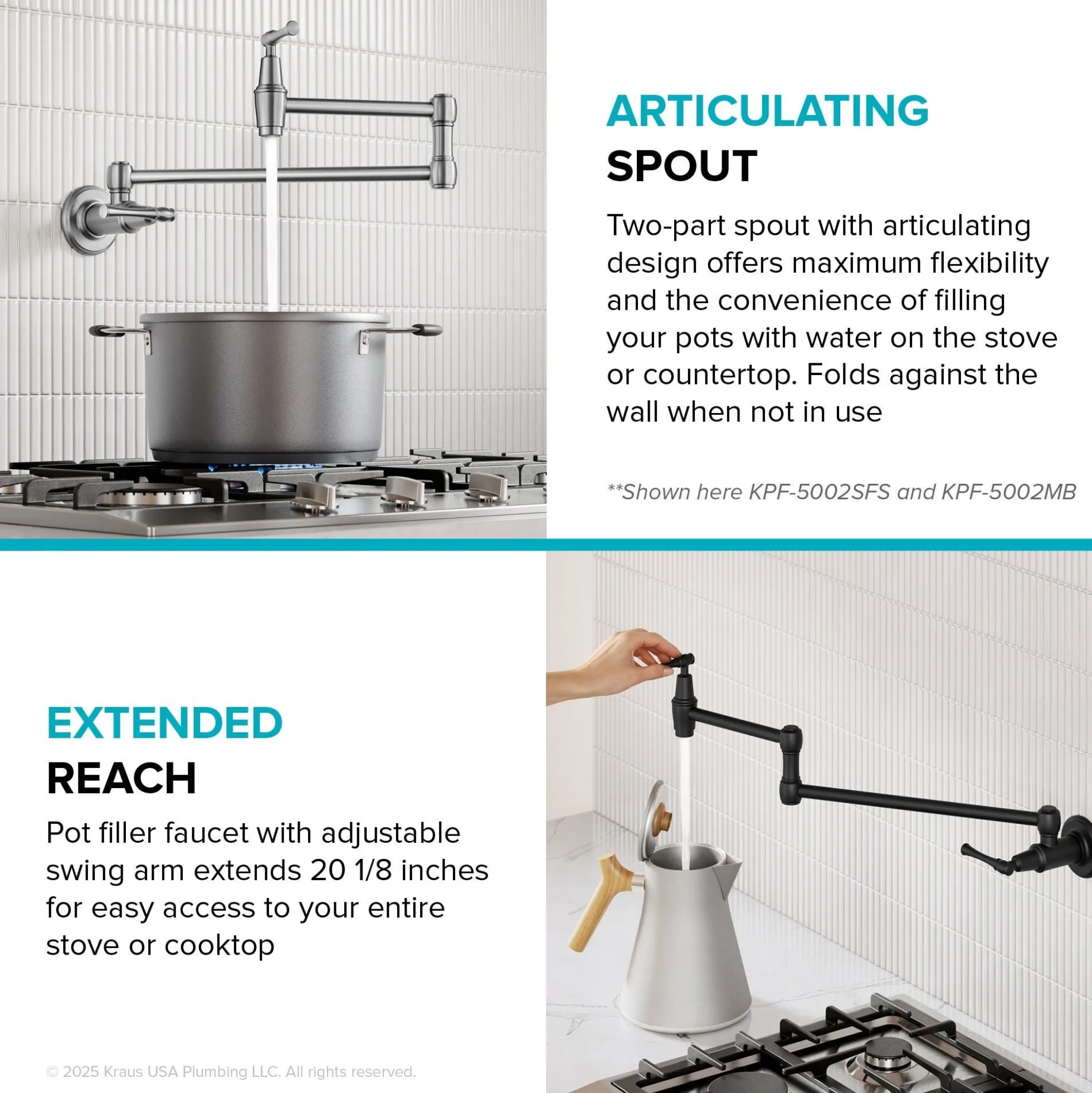 Wall Mount Pot Filler Kitchen Faucet with Retractable Arm in Matte Black