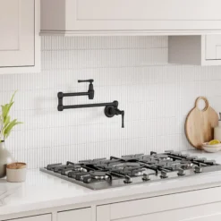 Wall Mount Pot Filler Kitchen Faucet with Retractable Arm in Matte Black