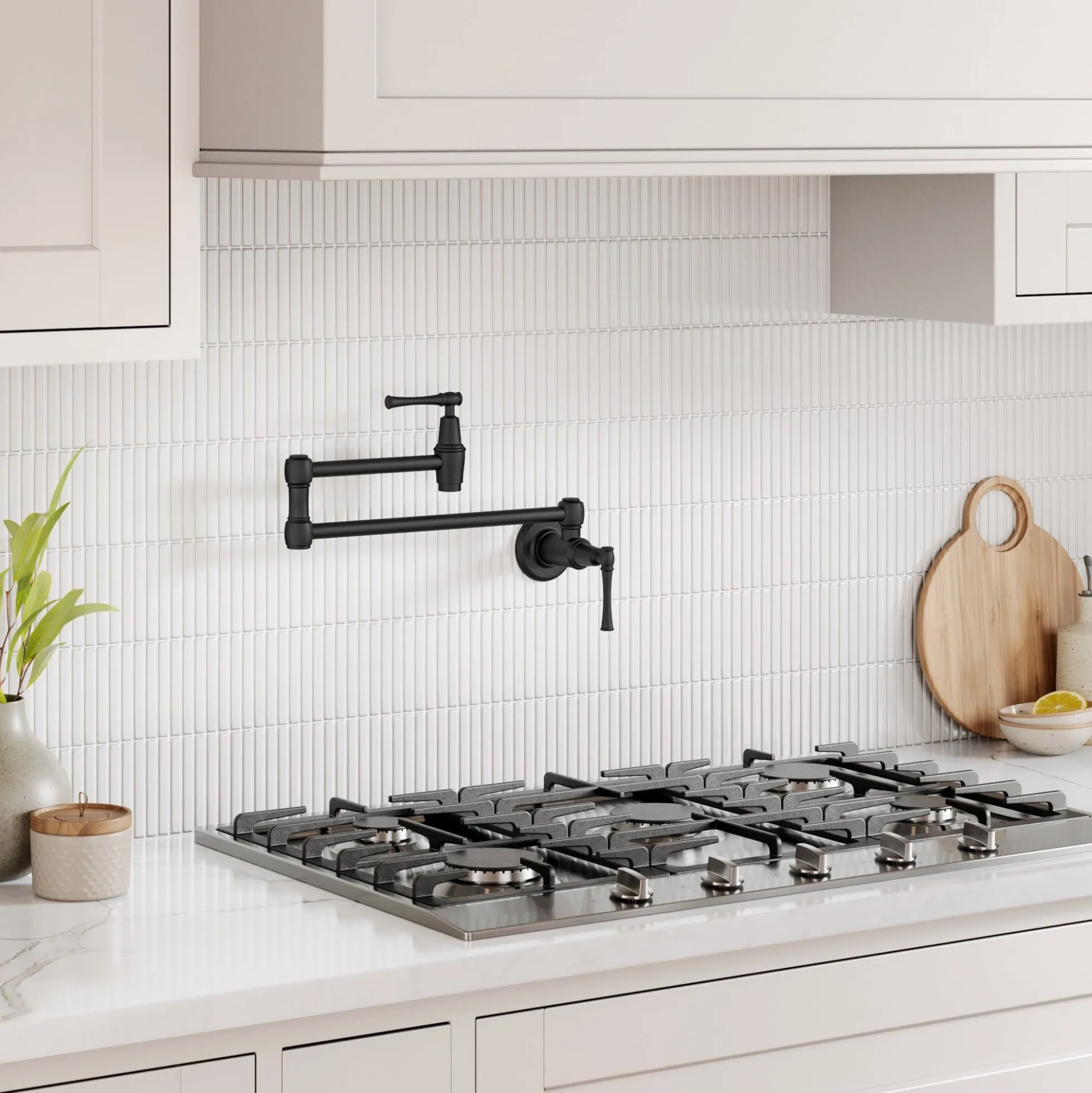 Wall Mount Pot Filler Kitchen Faucet with Retractable Arm in Matte Black
