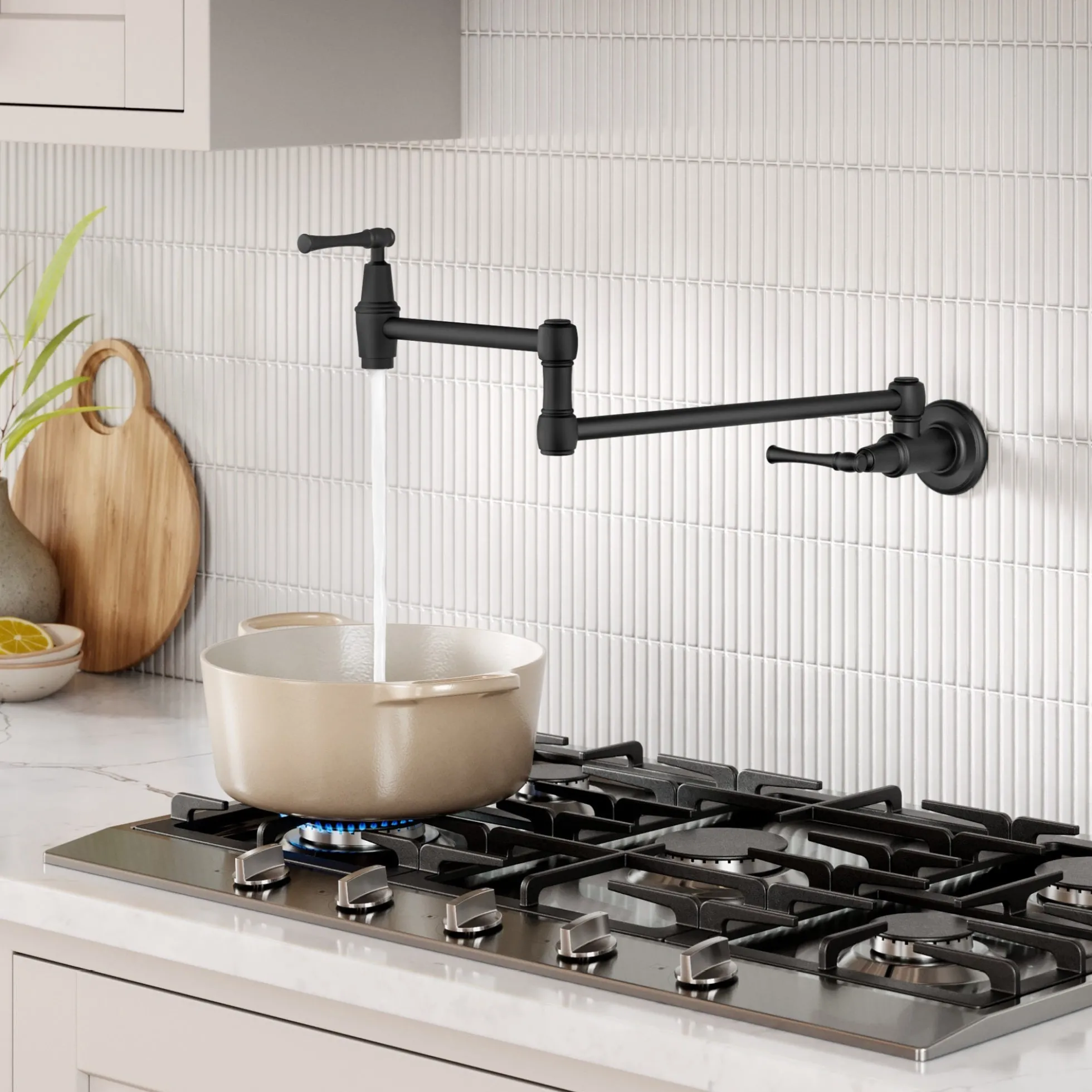 Wall Mount Pot Filler Kitchen Faucet with Retractable Arm in Matte Black