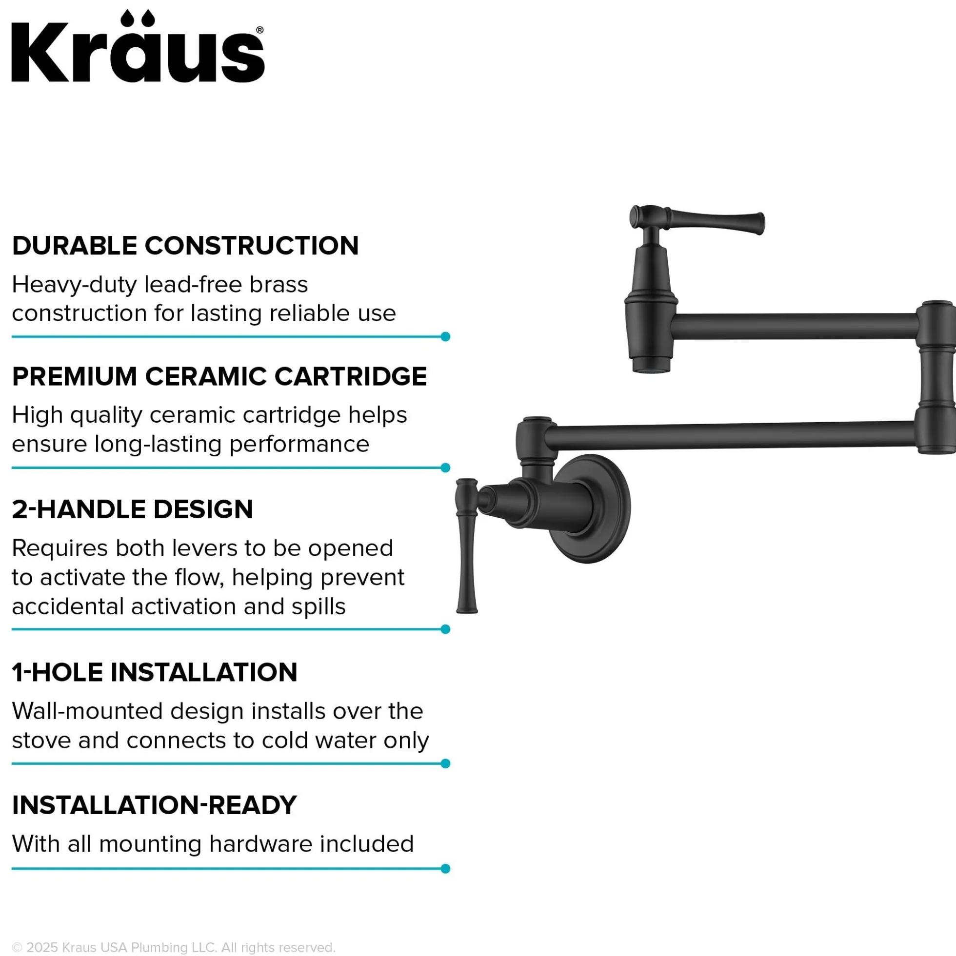 Wall Mount Pot Filler Kitchen Faucet with Retractable Arm in Matte Black