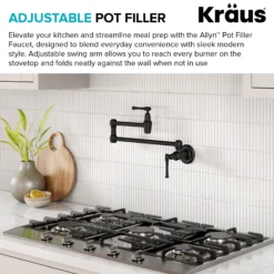 Wall Mount Pot Filler Kitchen Faucet with Retractable Arm in Matte Black
