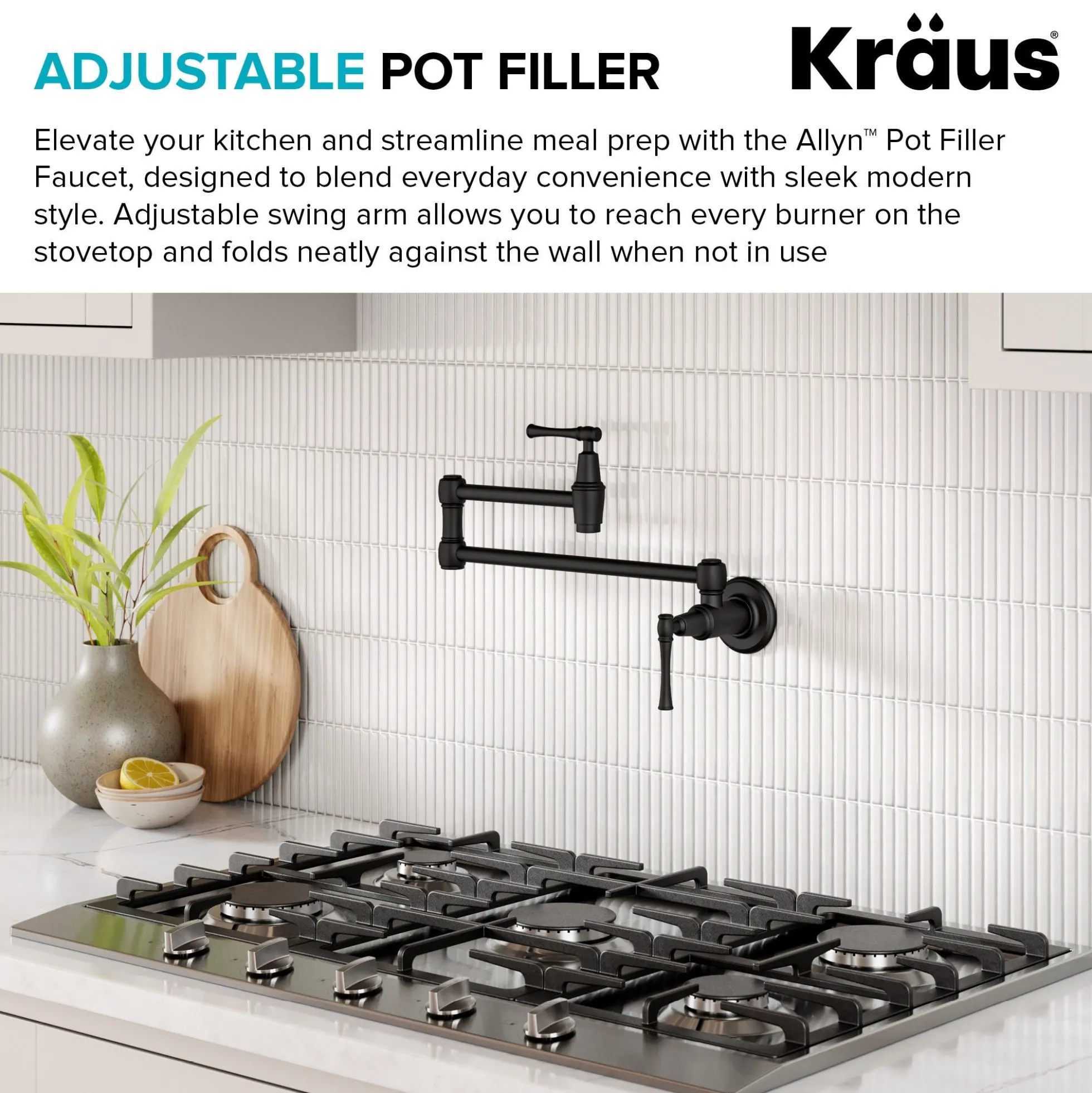 Wall Mount Pot Filler Kitchen Faucet with Retractable Arm in Matte Black