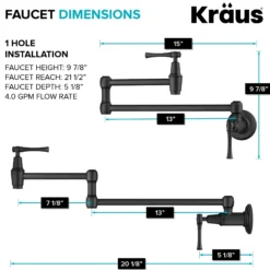 Wall Mount Pot Filler Kitchen Faucet with Retractable Arm in Matte Black