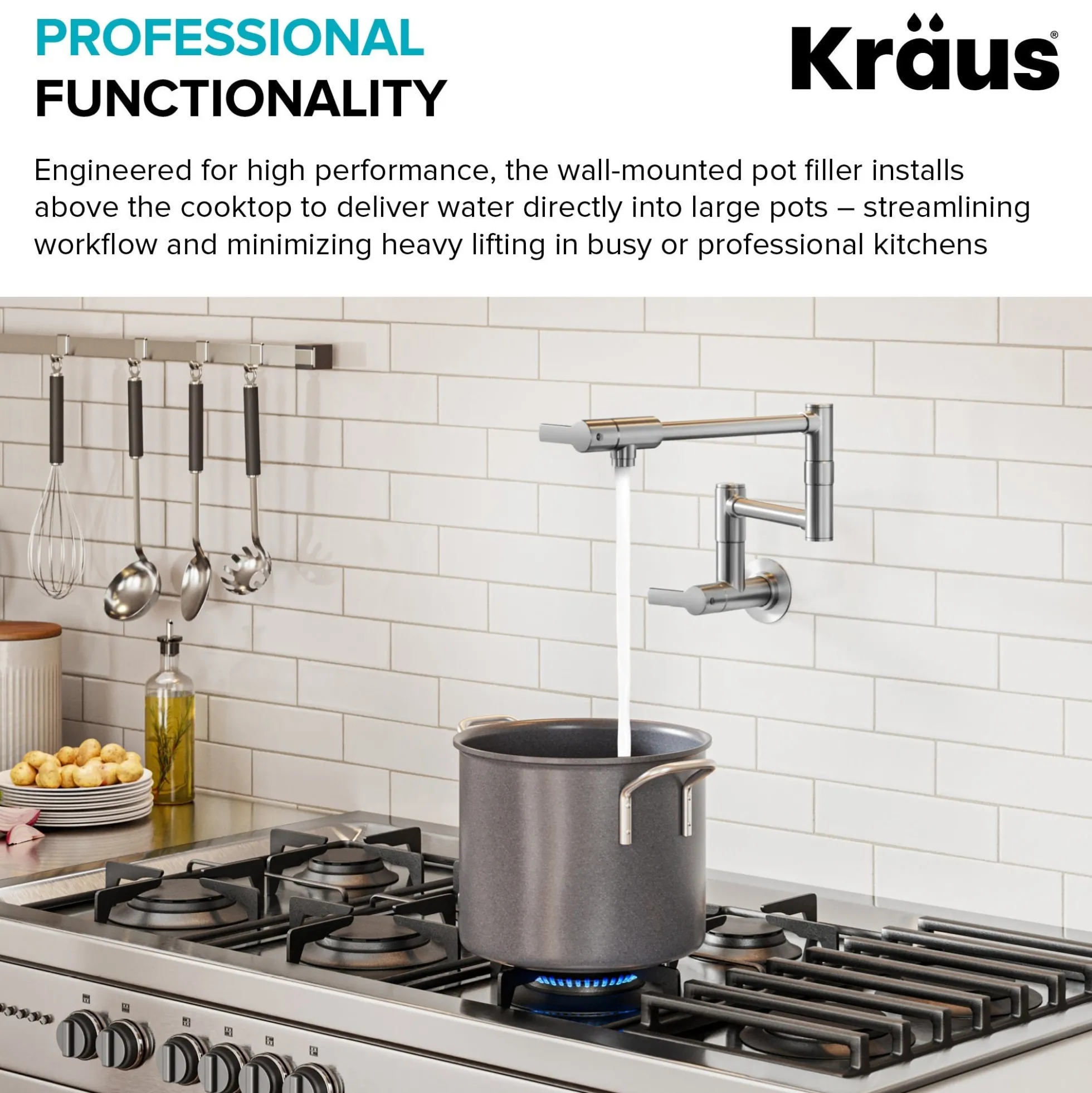 Wall Mount Pot Filler Kitchen Faucet with Retractable Arm in Matte Black