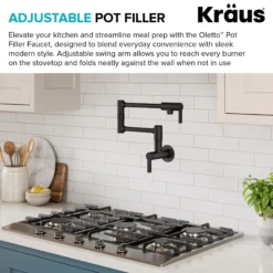 Wall Mount Pot Filler Kitchen Faucet with Retractable Arm in Matte Black