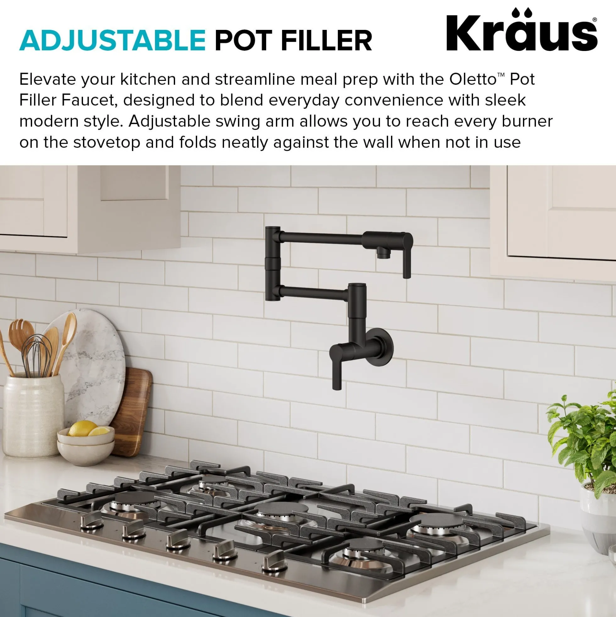 Wall Mount Pot Filler Kitchen Faucet with Retractable Arm in Matte Black
