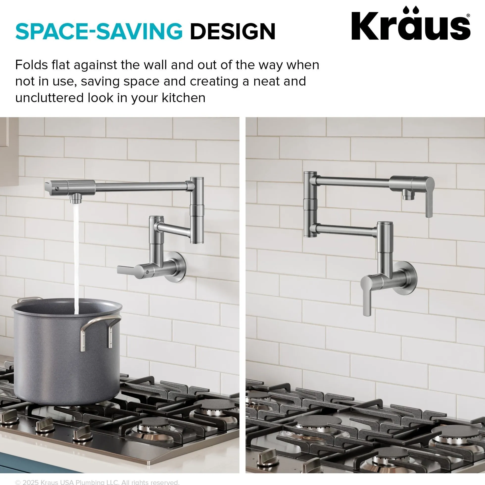 Wall Mount Pot Filler Kitchen Faucet with Retractable Arm in Matte Black