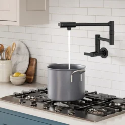 Wall Mount Pot Filler Kitchen Faucet with Retractable Arm in Matte Black