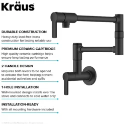 Wall Mount Pot Filler Kitchen Faucet with Retractable Arm in Matte Black
