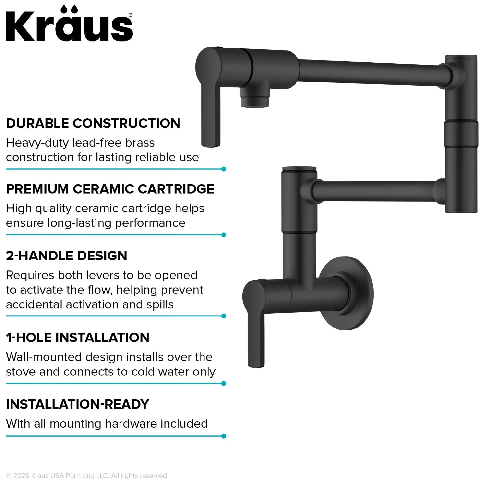 Wall Mount Pot Filler Kitchen Faucet with Retractable Arm in Matte Black