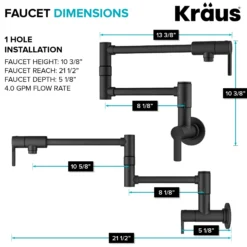 Wall Mount Pot Filler Kitchen Faucet with Retractable Arm in Matte Black