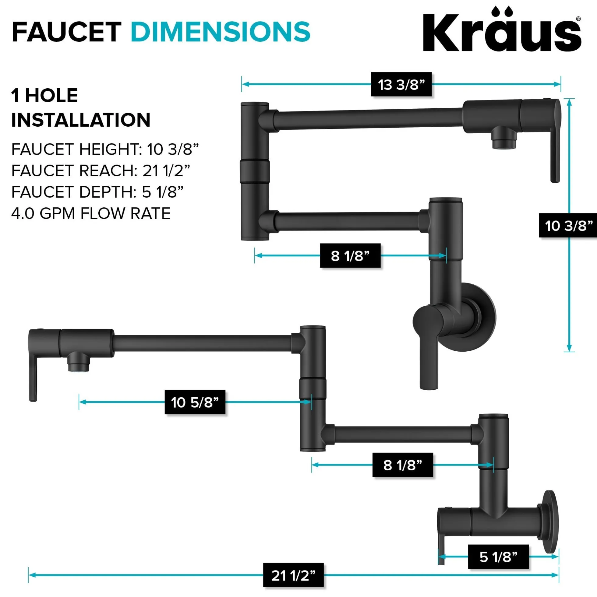 Wall Mount Pot Filler Kitchen Faucet with Retractable Arm in Matte Black