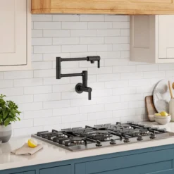 Wall Mount Pot Filler Kitchen Faucet with Retractable Arm in Matte Black