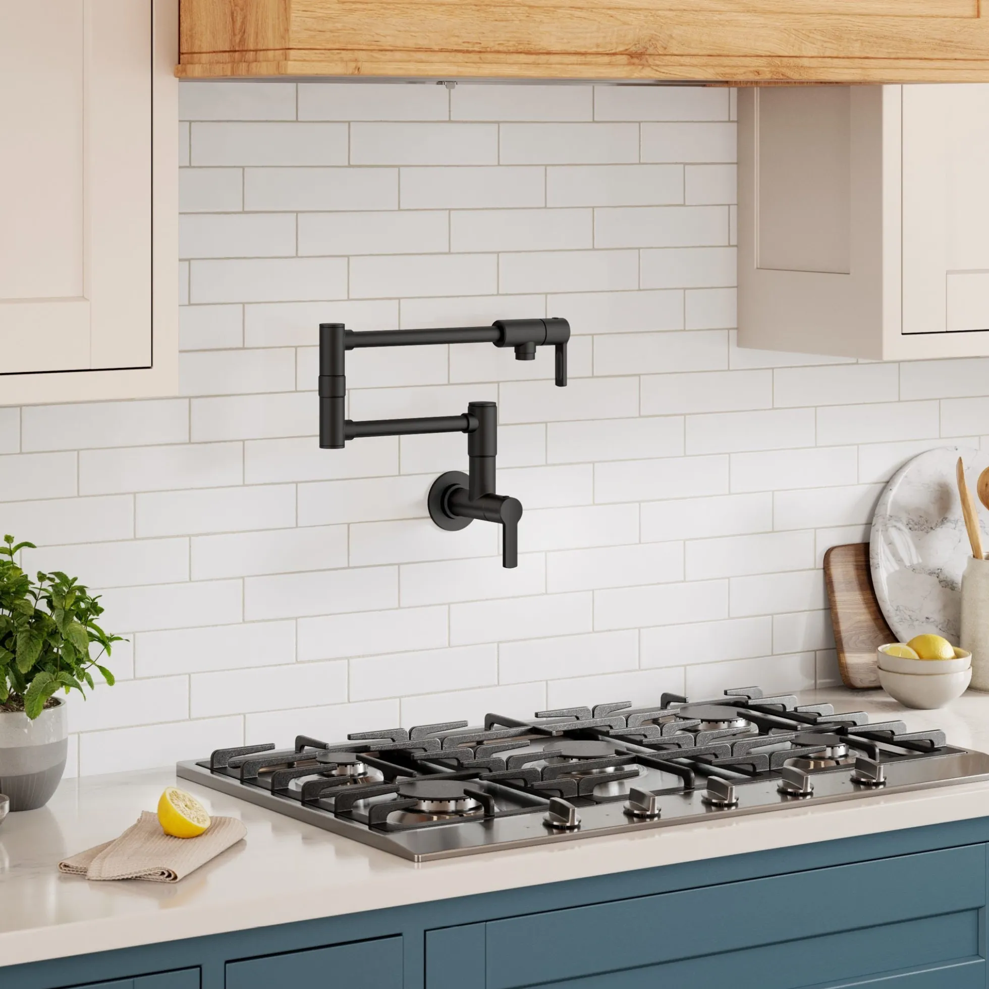 Wall Mount Pot Filler Kitchen Faucet with Retractable Arm in Matte Black