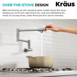 Wall Mount Pot Filler Kitchen Faucet with Retractable Arm in Spot-Free Stainless Steel