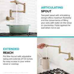 Wall Mount Pot Filler Kitchen Faucet with Retractable Arm in Spot-Free Brushed Brass