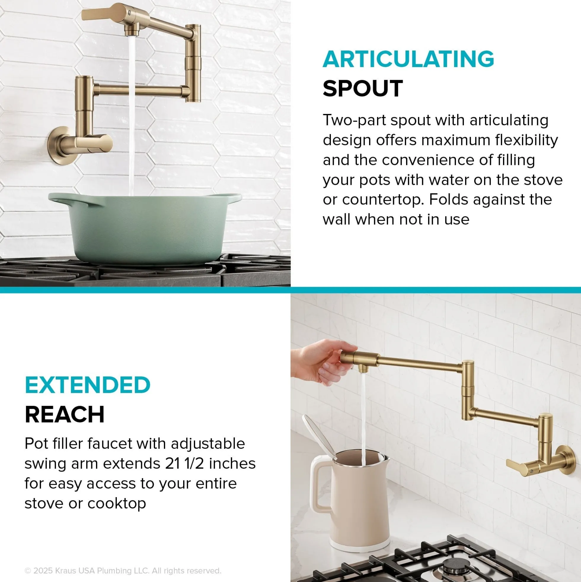 Wall Mount Pot Filler Kitchen Faucet with Retractable Arm in Spot-Free Brushed Brass
