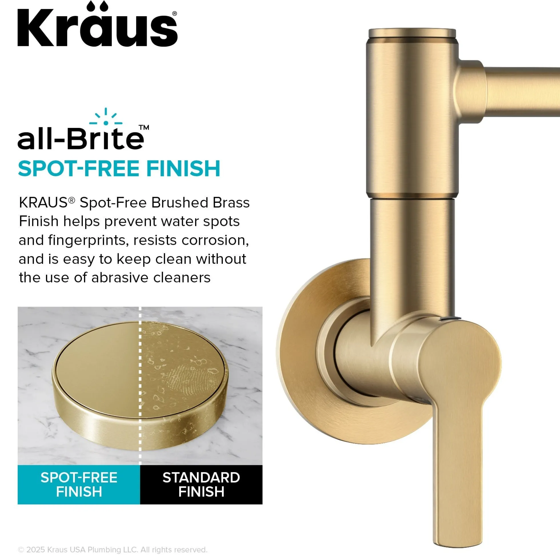 Wall Mount Pot Filler Kitchen Faucet with Retractable Arm in Spot-Free Brushed Brass