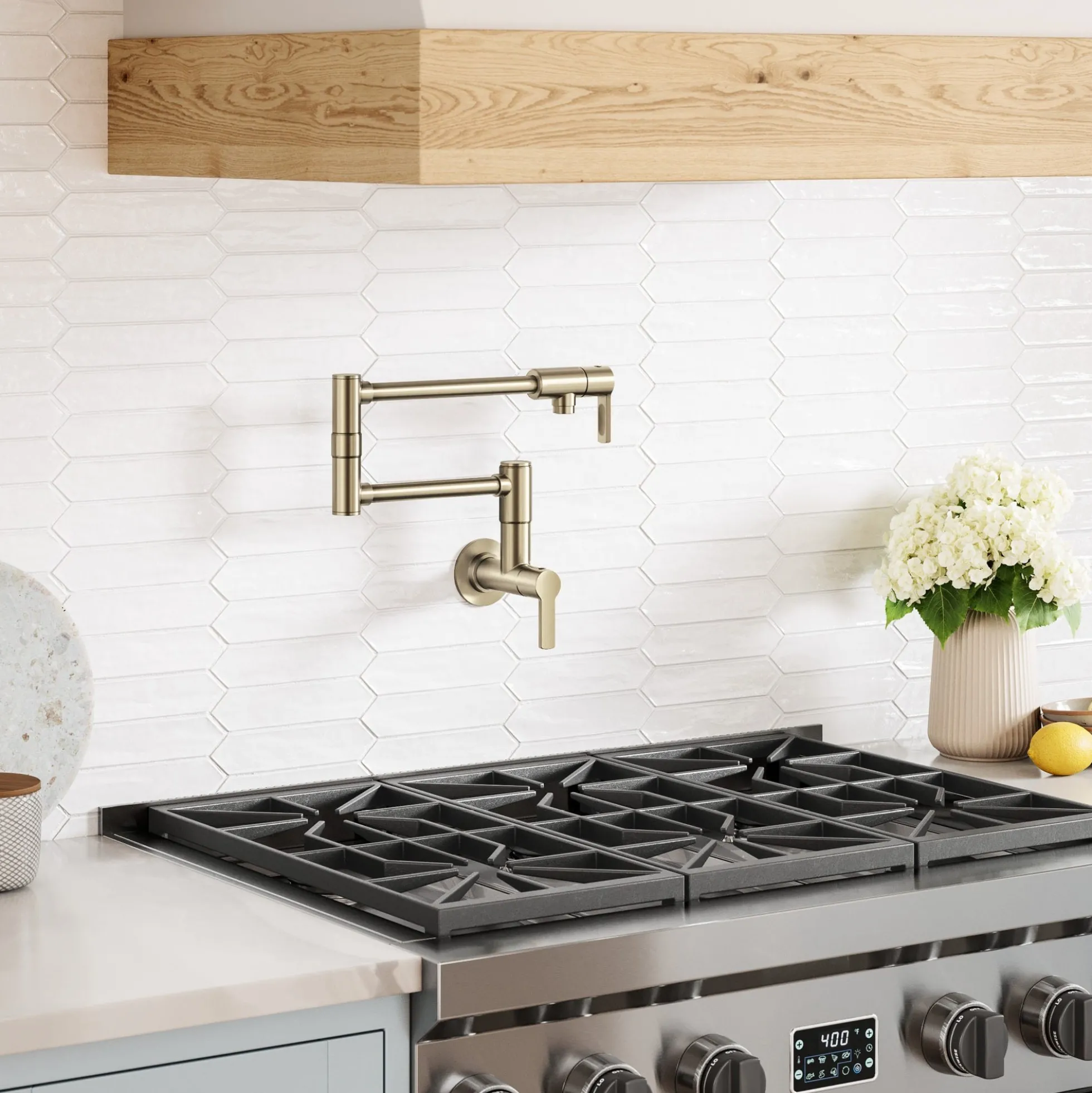 Wall Mount Pot Filler Kitchen Faucet with Retractable Arm in Spot-Free Antique Champagne Bronze