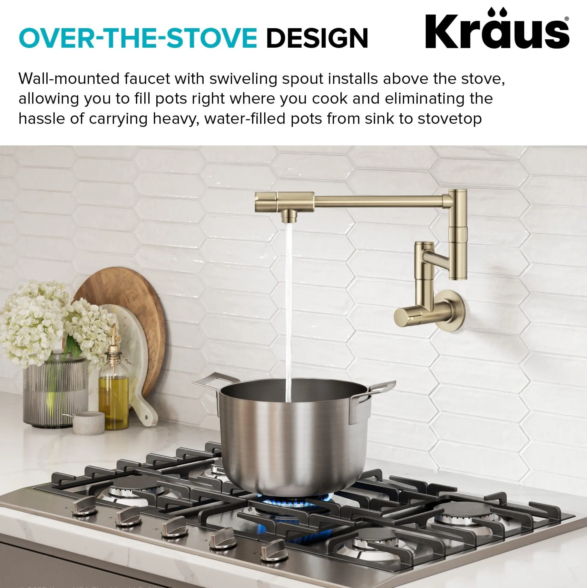 Wall Mount Pot Filler Kitchen Faucet with Retractable Arm in Spot-Free Antique Champagne Bronze