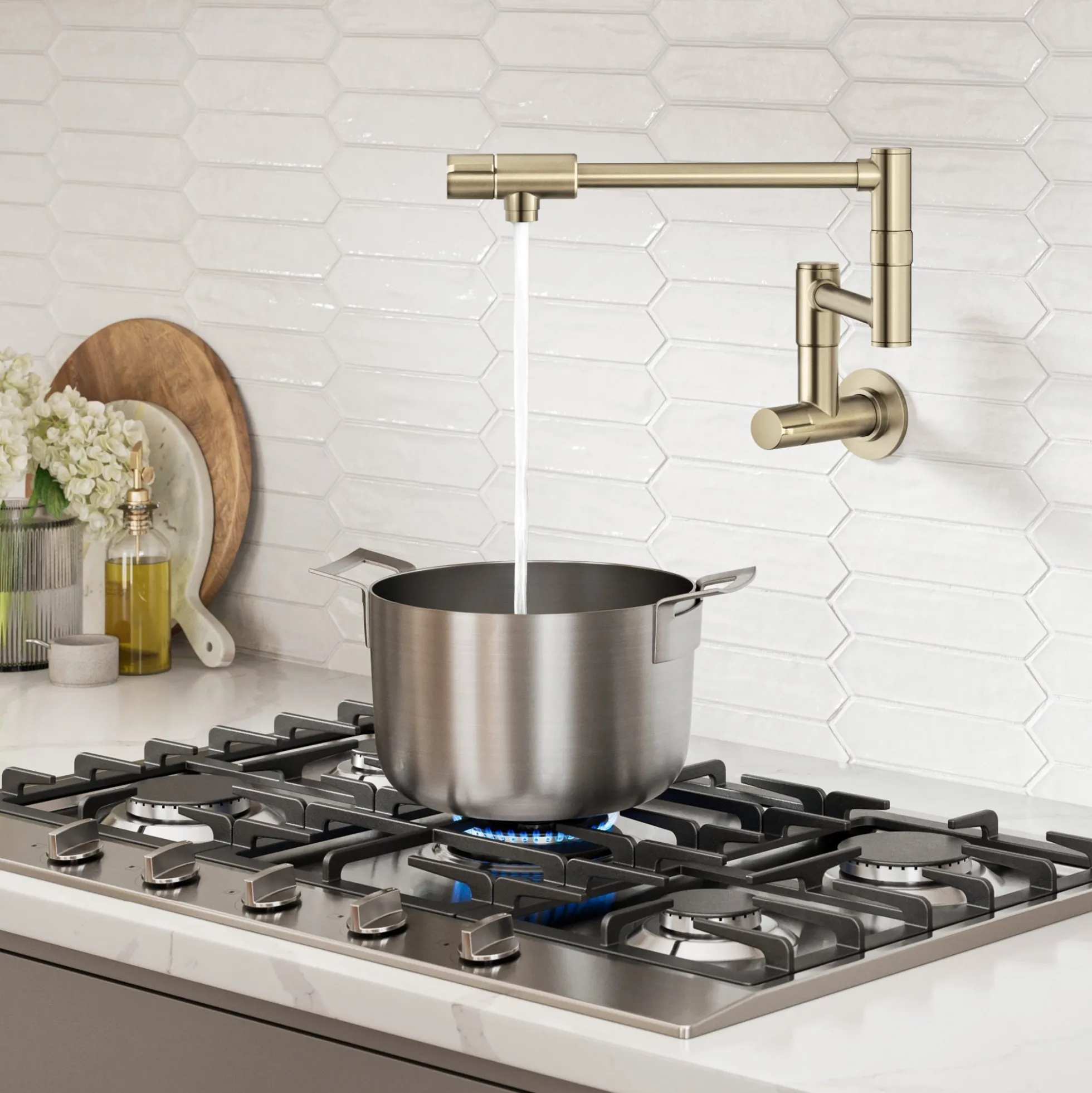 Wall Mount Pot Filler Kitchen Faucet with Retractable Arm in Spot-Free Antique Champagne Bronze