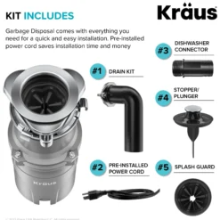 WasteGuard™ High-Speed 1/2 HP Continuous Feed Ultra-Quiet Motor Garbage Disposal with Power Cord and Flange Included and Universal Mount