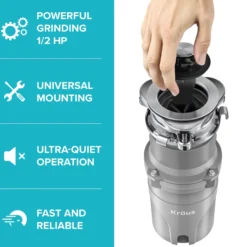 WasteGuard™ High-Speed 1/2 HP Continuous Feed Ultra-Quiet Motor Garbage Disposal with Power Cord and Flange Included and Universal Mount