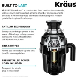 WasteGuard™ 1 HP Continuous Feed Garbage Disposal with Ultra-Quiet Motor for Kitchen Sinks with Power Cord and Flange Included