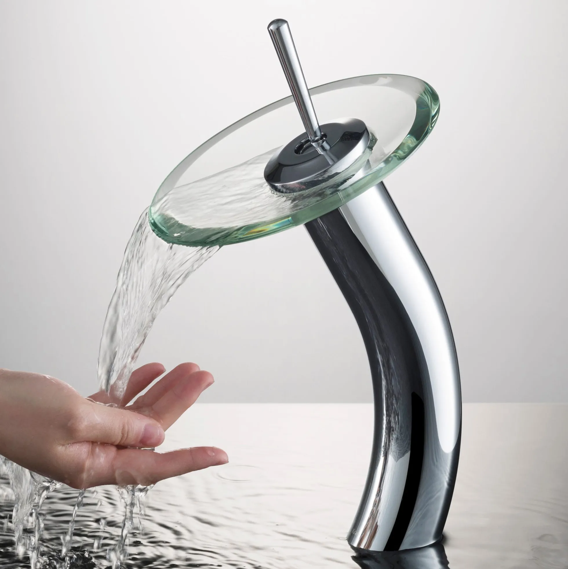 Waterfall Bathroom Faucet with Clear Glass Disk in Chrome