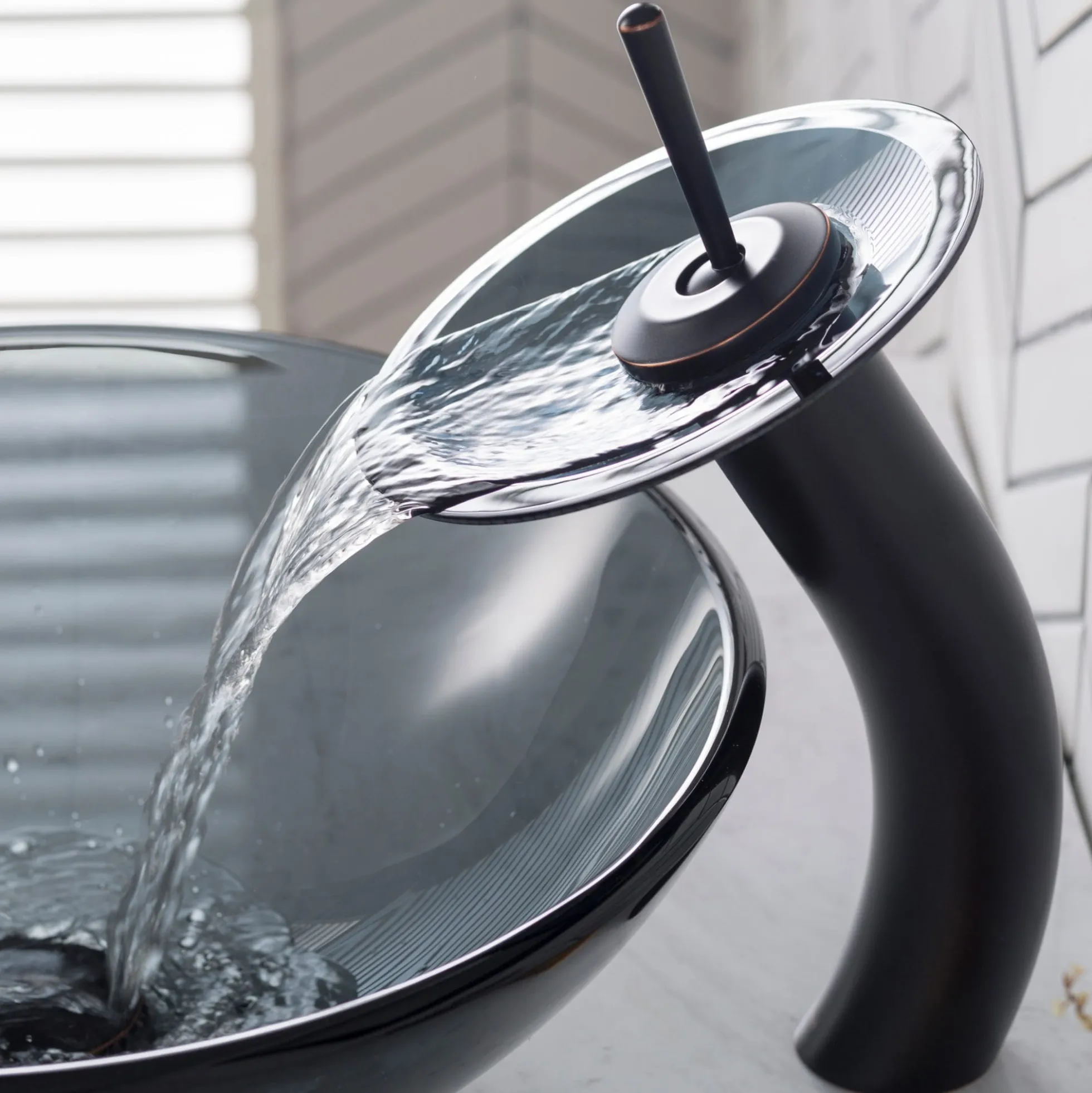 Waterfall Bathroom Faucet with Frosted Black Glass Disk and Pop-Up Drain in Oil Rubbed Bronze