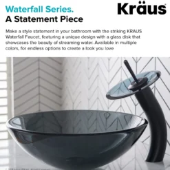 Waterfall Bathroom Faucet with Frosted Black Glass Disk and Pop-Up Drain in Oil Rubbed Bronze