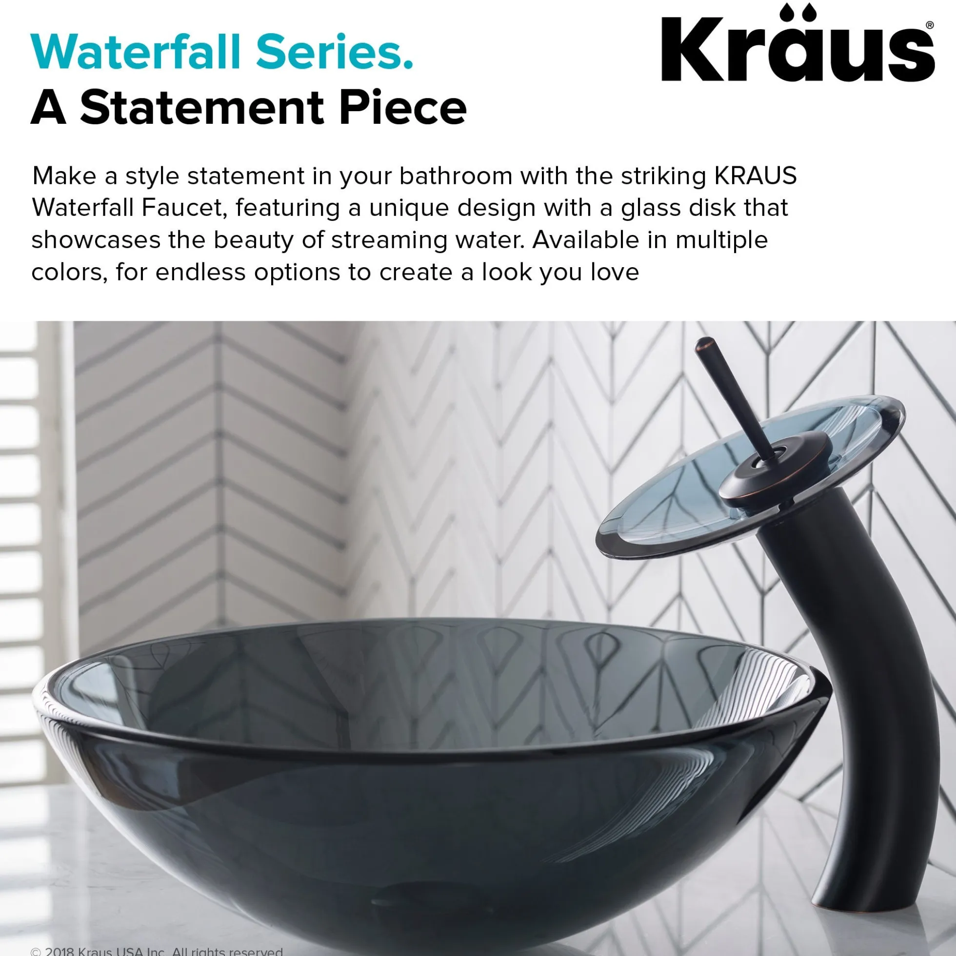 Waterfall Bathroom Faucet with Frosted Black Glass Disk and Pop-Up Drain in Oil Rubbed Bronze