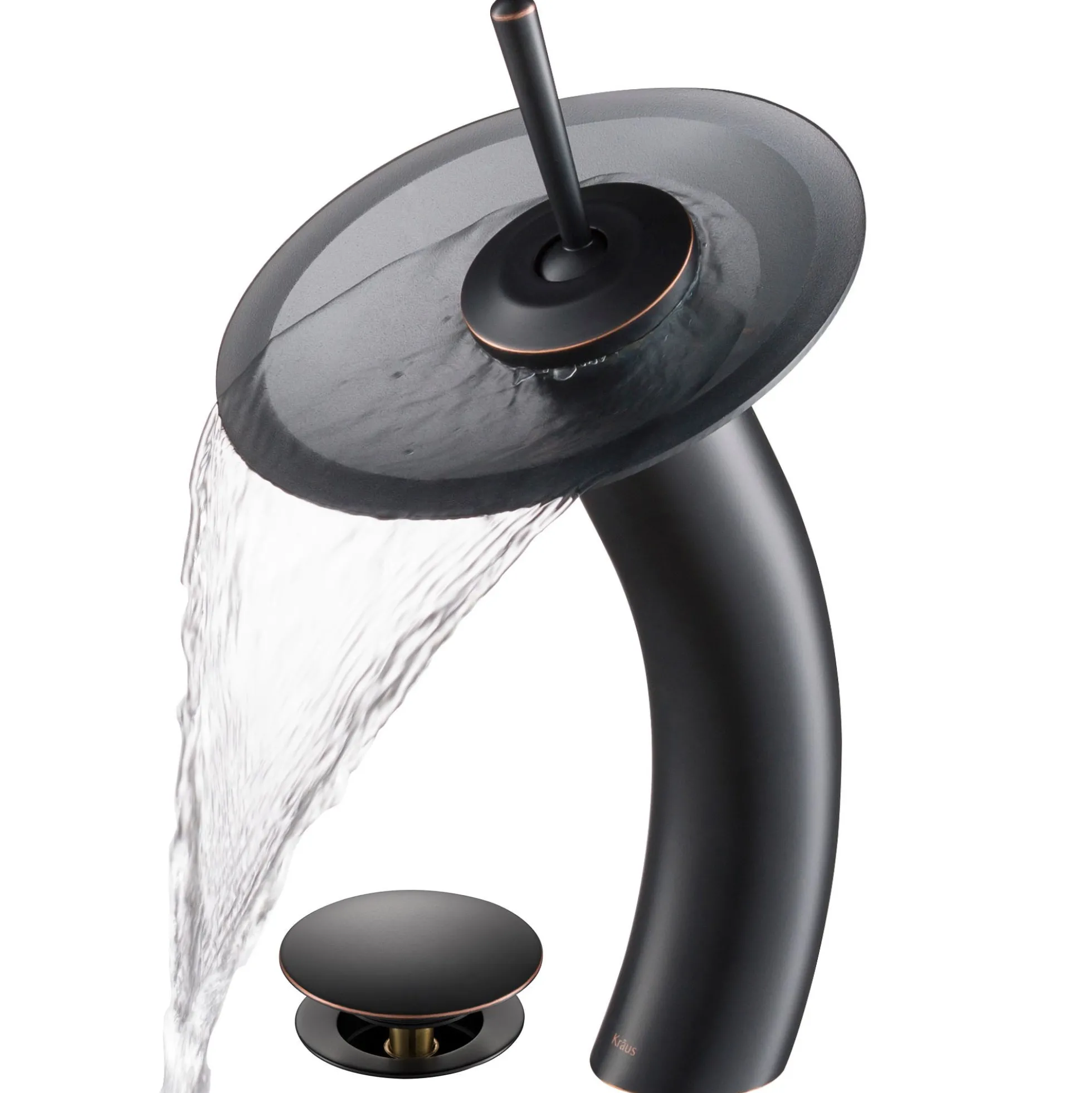 Waterfall Bathroom Faucet with Frosted Black Glass Disk and Pop-Up Drain in Oil Rubbed Bronze
