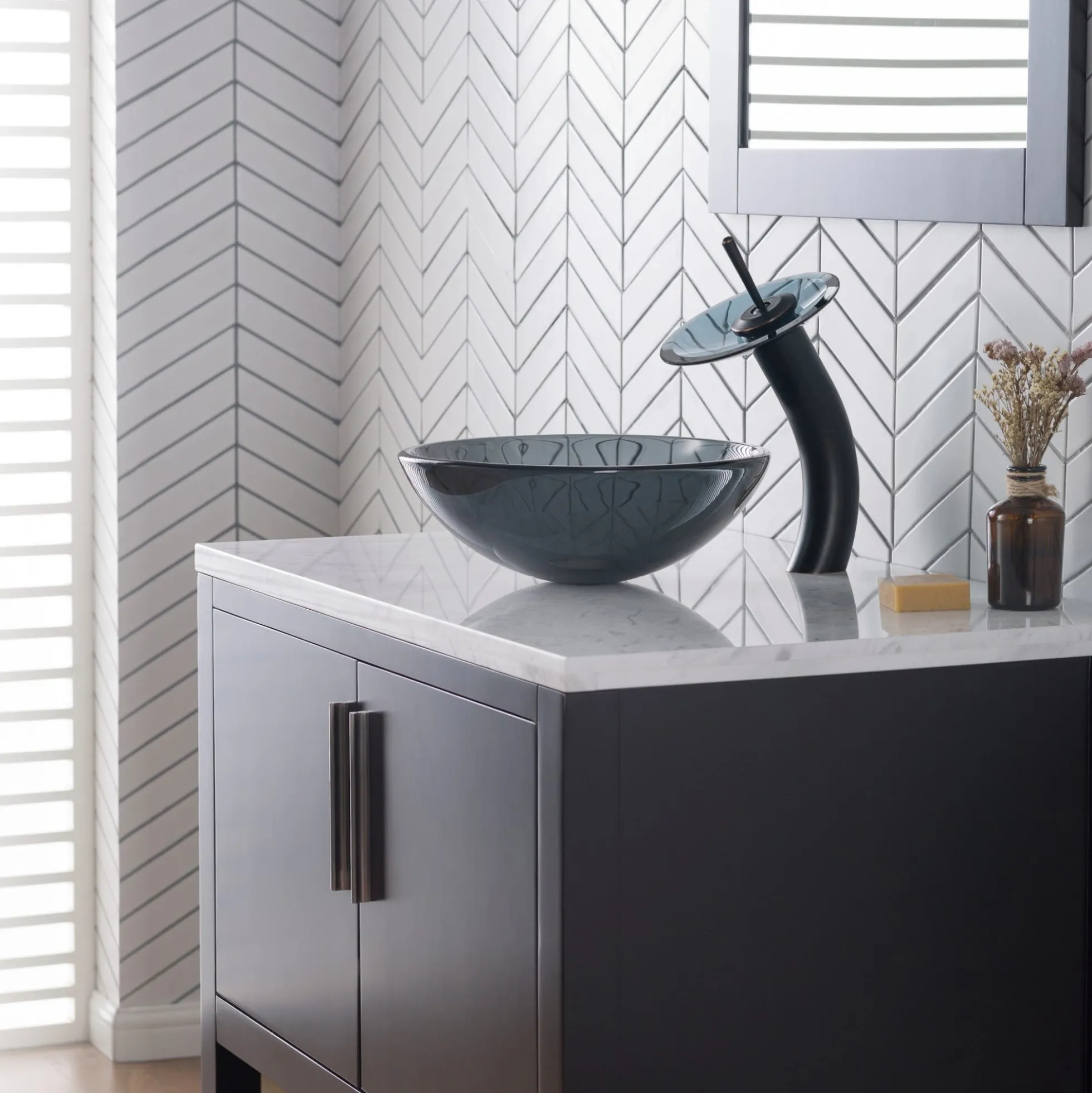 Waterfall Bathroom Faucet with Frosted Black Glass Disk and Pop-Up Drain in Oil Rubbed Bronze