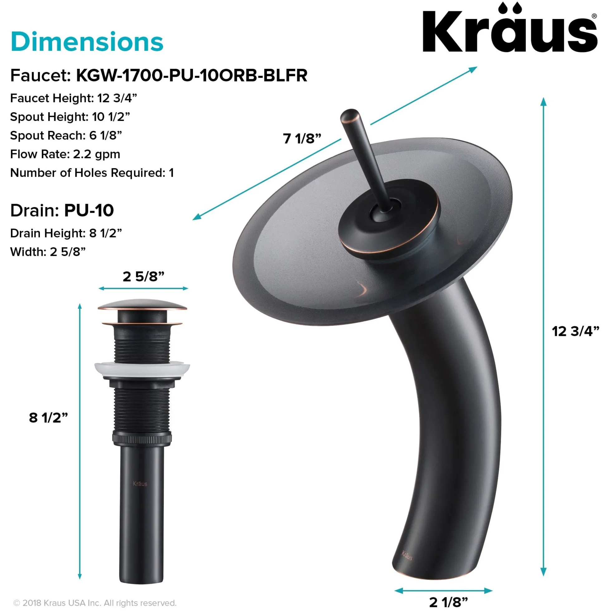 Waterfall Bathroom Faucet with Frosted Black Glass Disk and Pop-Up Drain in Oil Rubbed Bronze