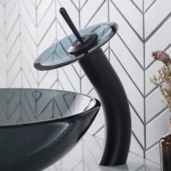 Waterfall Bathroom Faucet with Frosted Black Glass Disk and Pop-Up Drain in Oil Rubbed Bronze