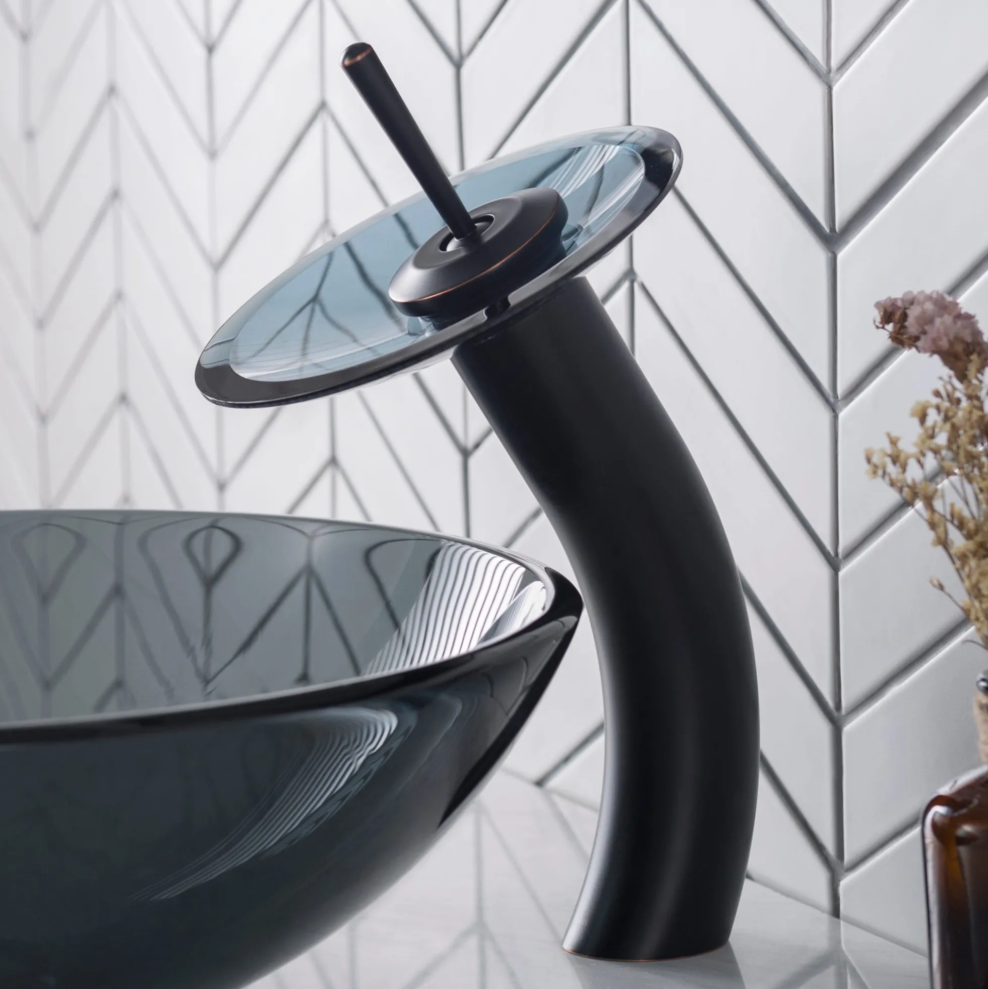 Waterfall Bathroom Faucet with Frosted Black Glass Disk and Pop-Up Drain in Oil Rubbed Bronze