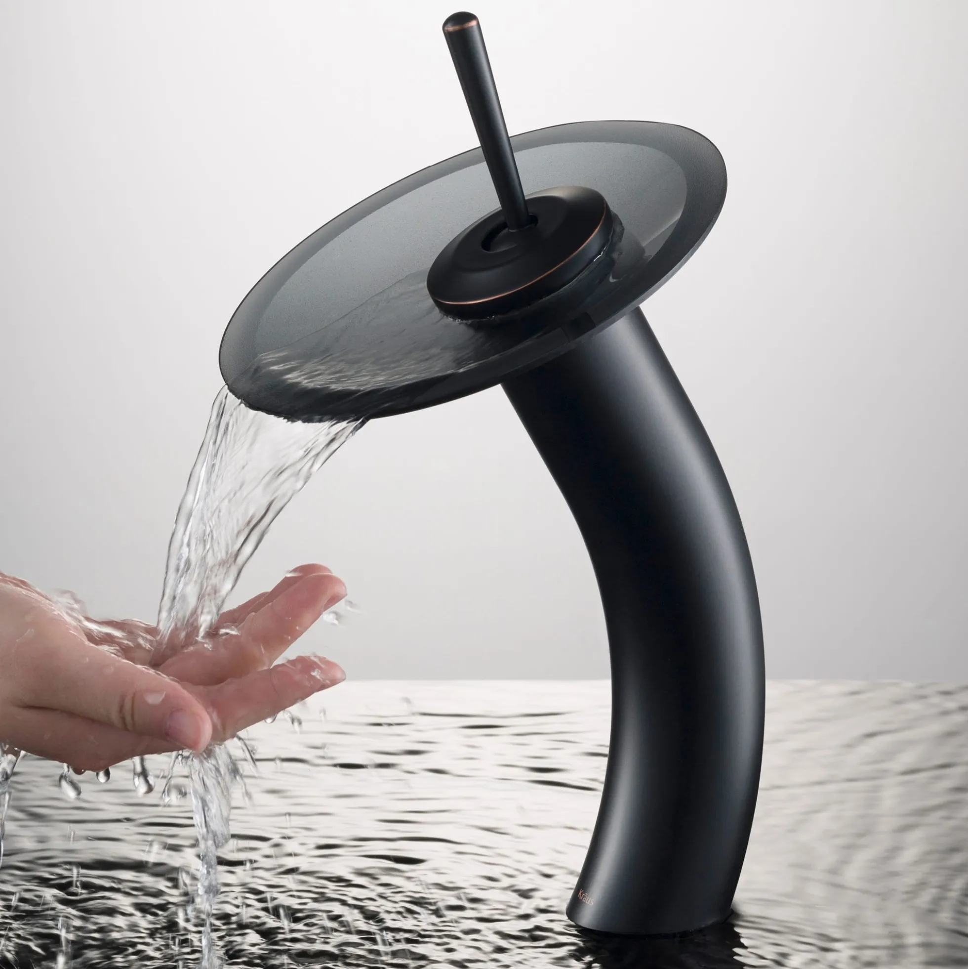 Waterfall Bathroom Faucet with Frosted Black Glass Disk and Pop-Up Drain in Oil Rubbed Bronze