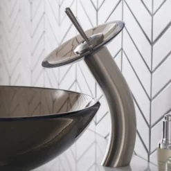 Waterfall Bathroom Faucet with Clear Brown Glass Disk and Pop-Up Drain in Satin Nickel