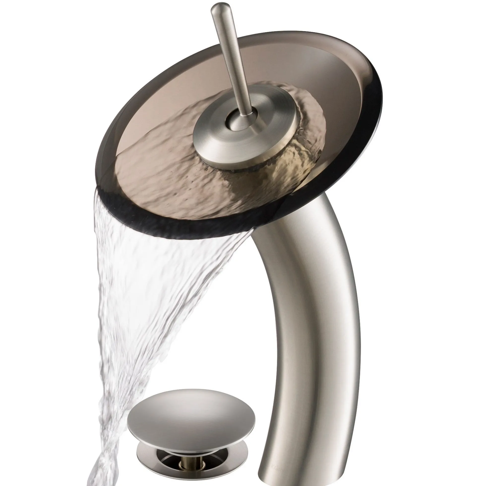 Waterfall Bathroom Faucet with Clear Brown Glass Disk and Pop-Up Drain in Satin Nickel
