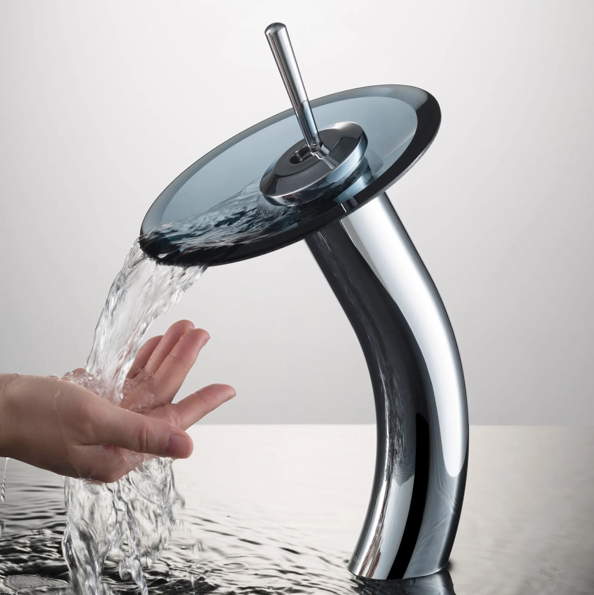 Waterfall Bathroom Faucet with Clear Black Glass Disk and Pop-Up Drain in Chrome